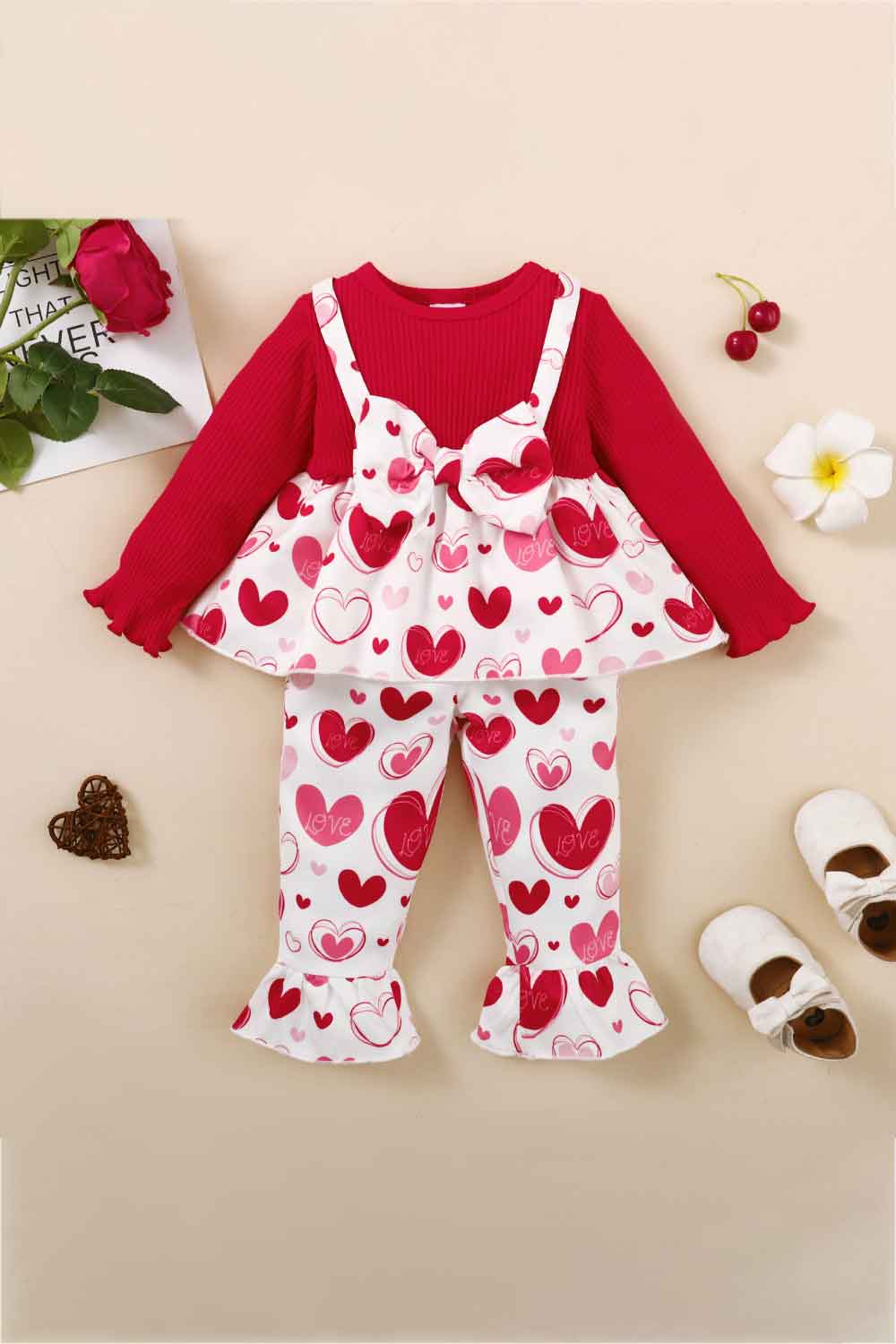 Girls Heart Print Bow Detail Sweater and Flare Pants Set - Minihomy