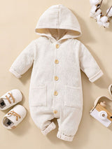 Baby Textured Button Front Hooded Jumpsuit with Pockets - Minihomy