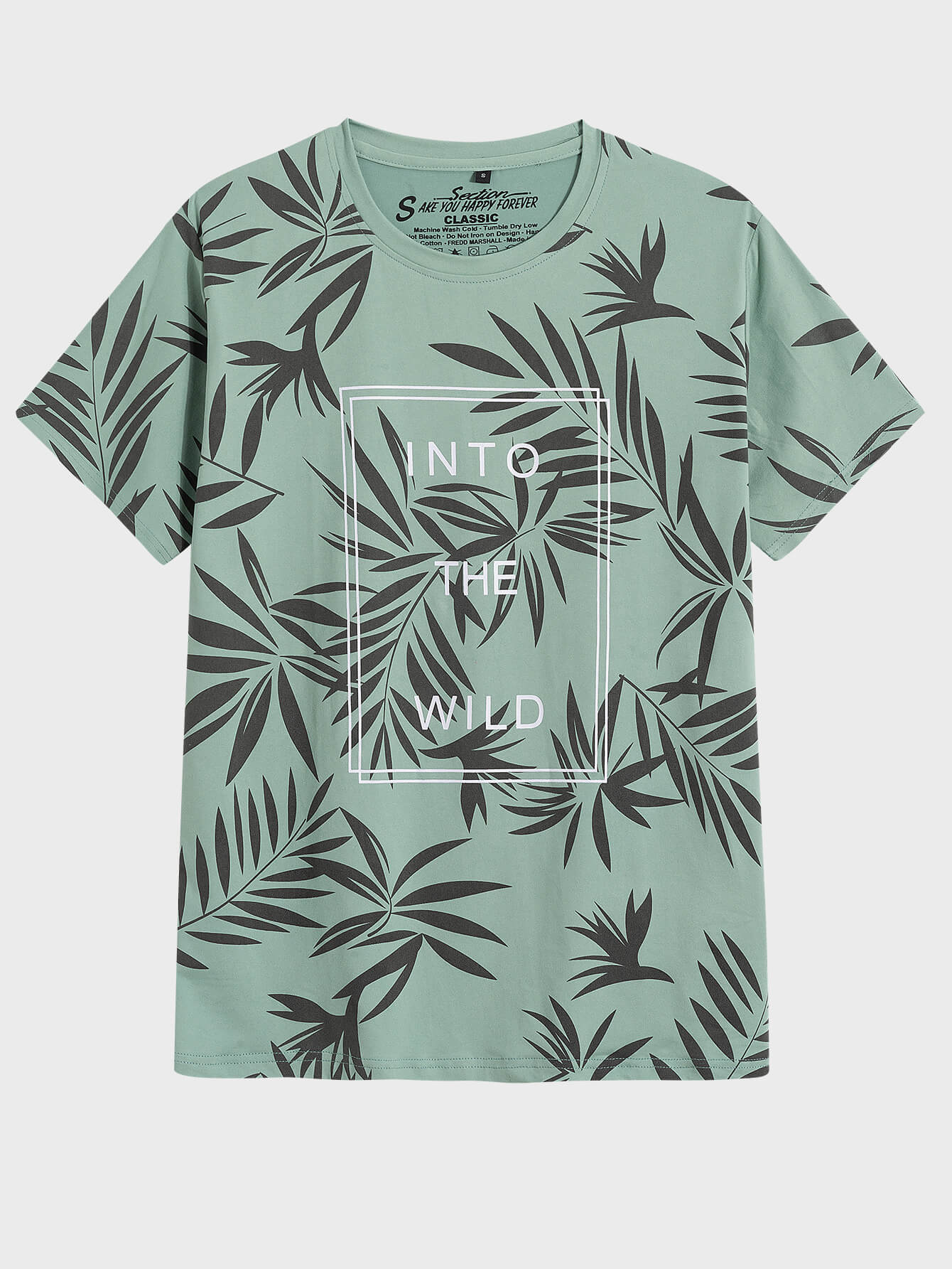 Botanical Print Round Neck Tee Shirt - Minihomy