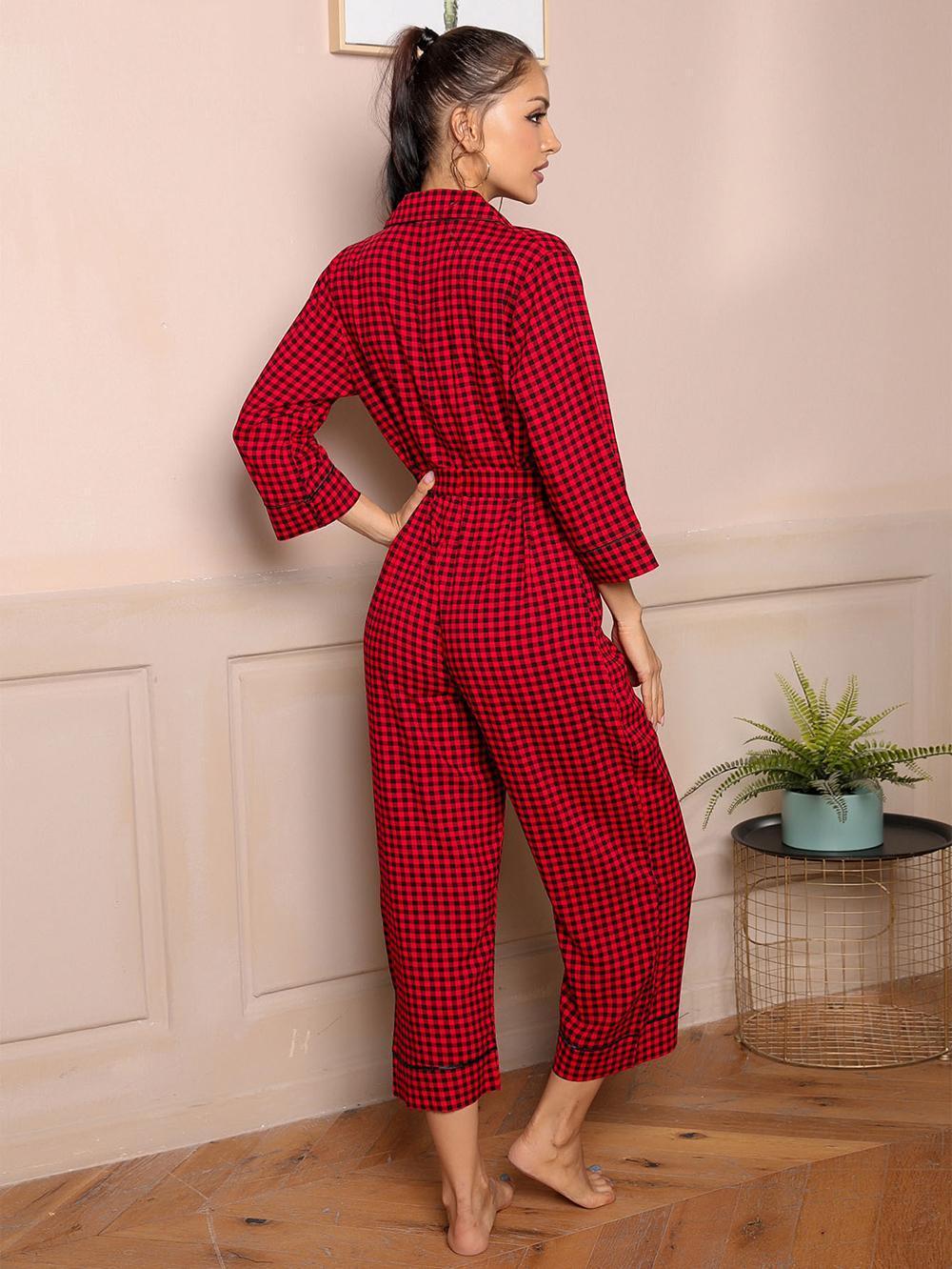 Plaid Lapel Collar Belted Jumpsuit