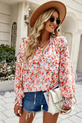 Floral Tie Neck Lantern Sleeve Blouse