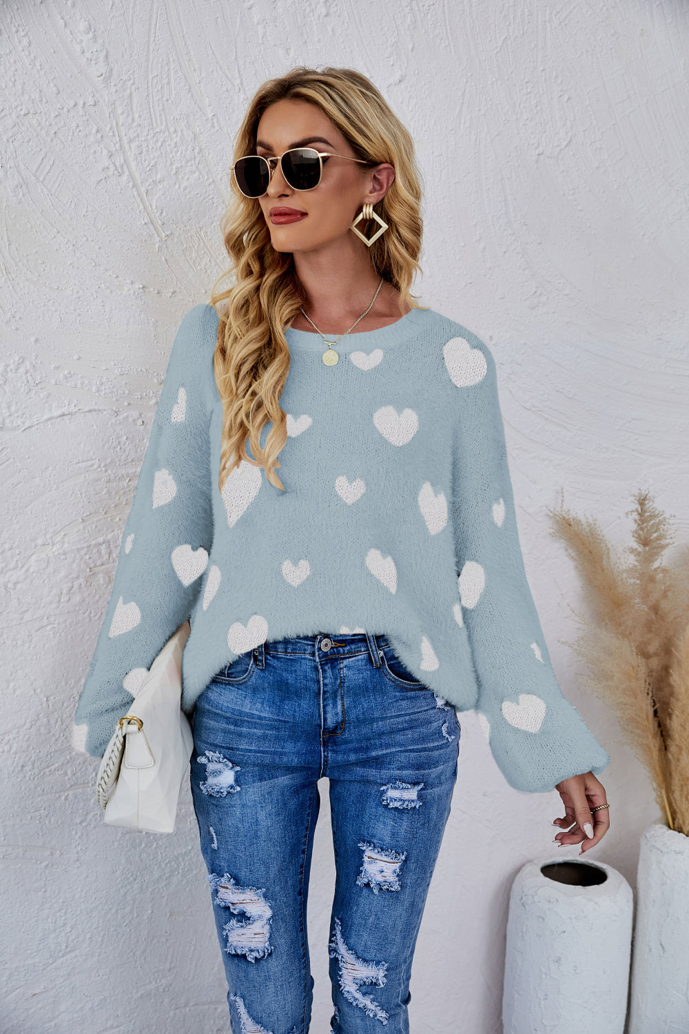 Heart Print Fuzzy Crewneck Long Sleeve Sweater