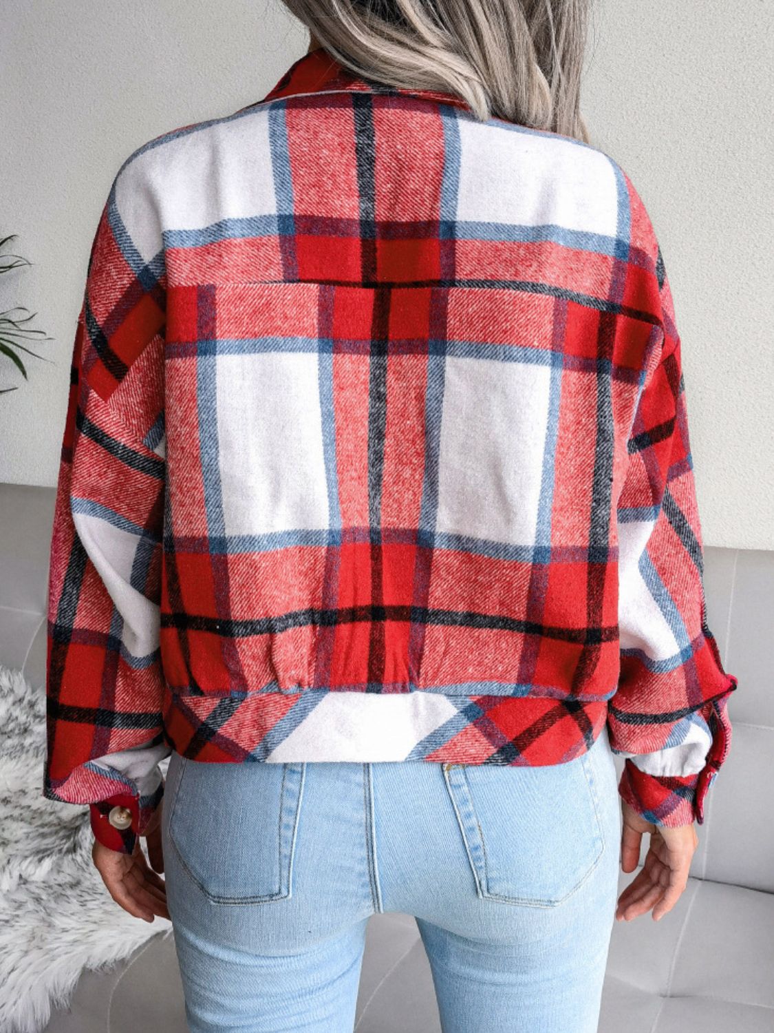 Plaid Collared Neck Drop Shoulder Jacket - Minihomy