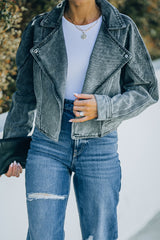 Acid Wash Lapel Collar Cropped Denim Jacket - Minihomy