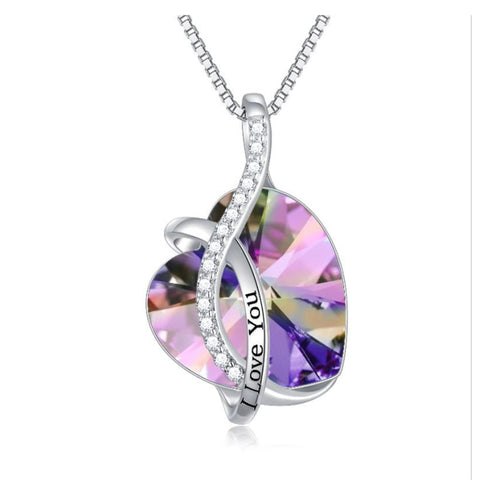 Sterling Silver Blue Purple Heart Pendant Necklace Embellished With Crystals From Austria Fine Anniversary Birthday Jewelry Gifts For Women