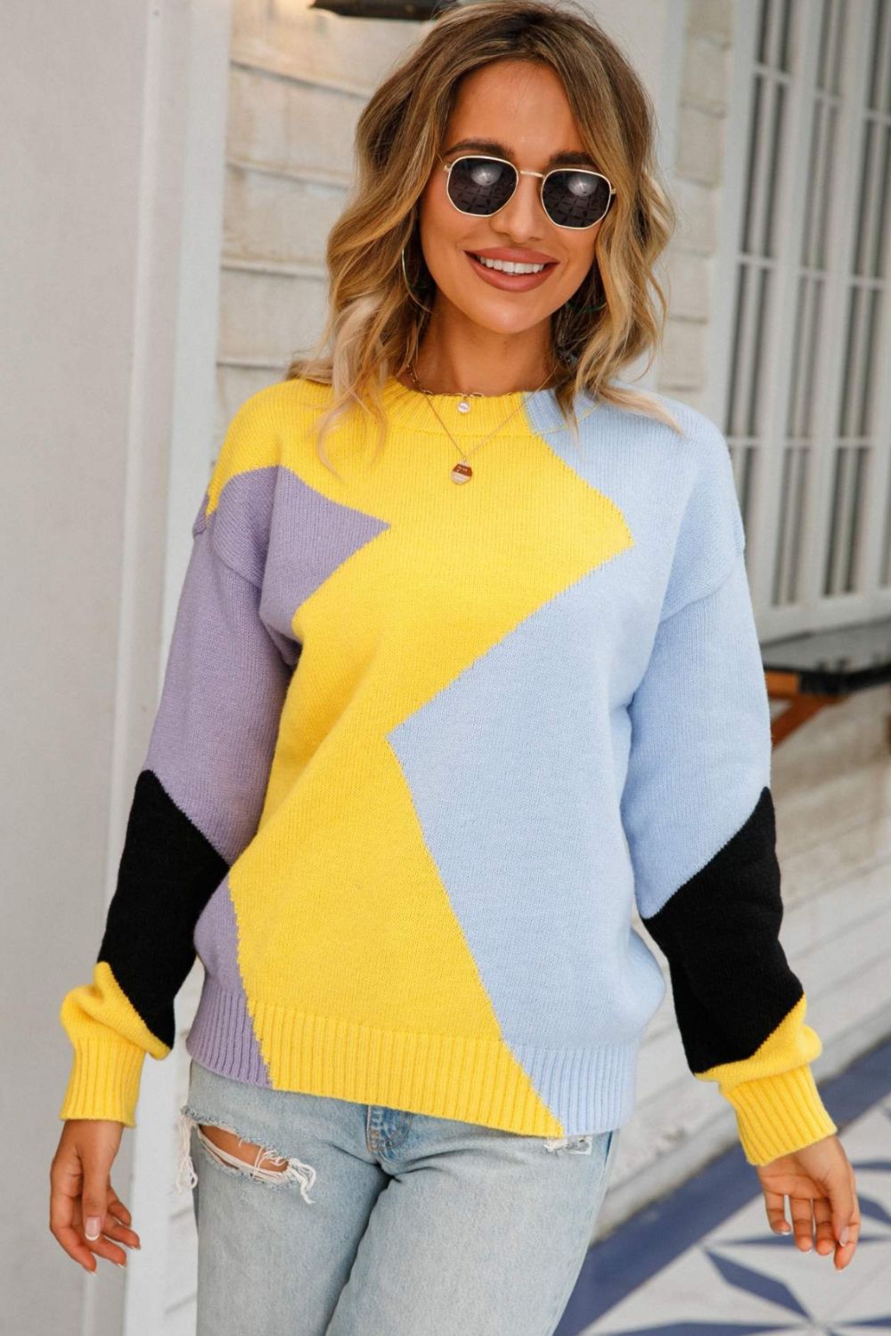 Color Block Ribbed Trim Round Neck Sweater