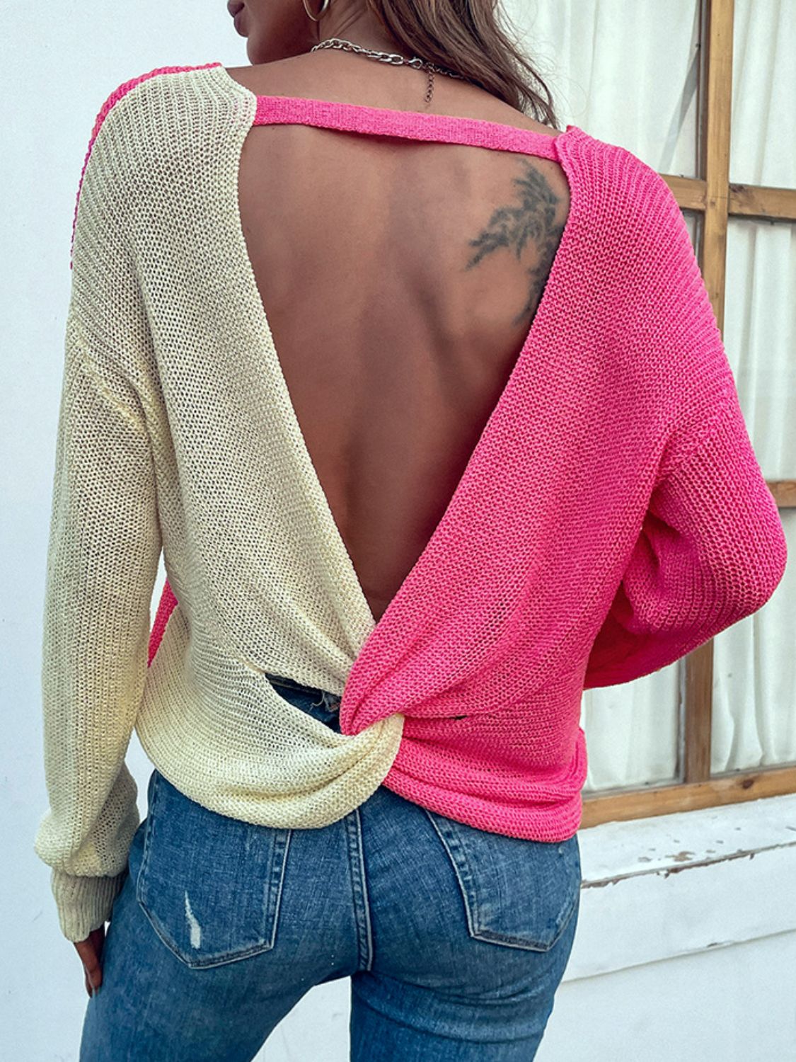 Two-Tone Backless V-Neck Sweater