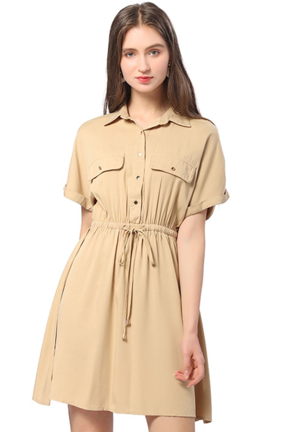 Half Button Drawstring Waist Short Sleeve Shirt Dress - Minihomy