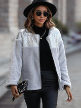 Sequin Zip Up Spliced Fleece Jacket