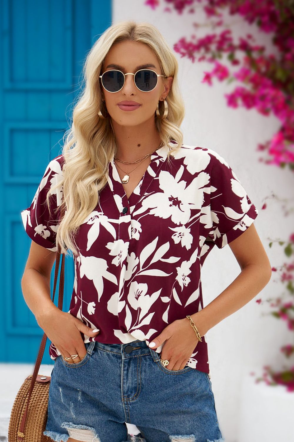 Floral Notched Neck Cuffed Blouse - Minihomy