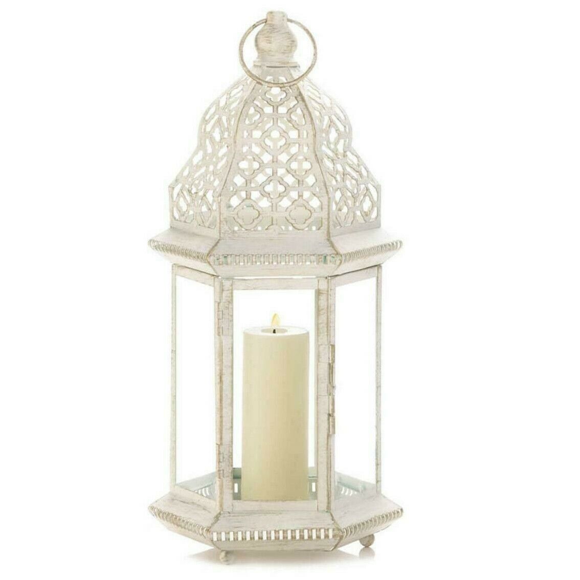 Vintage-Look White Candle Lantern - 16 inches