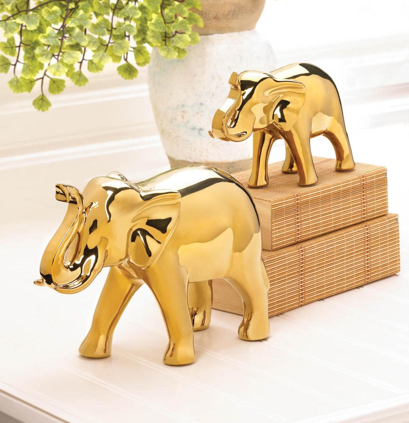 Golden Ceramic Elephant Figurine - 7 inches