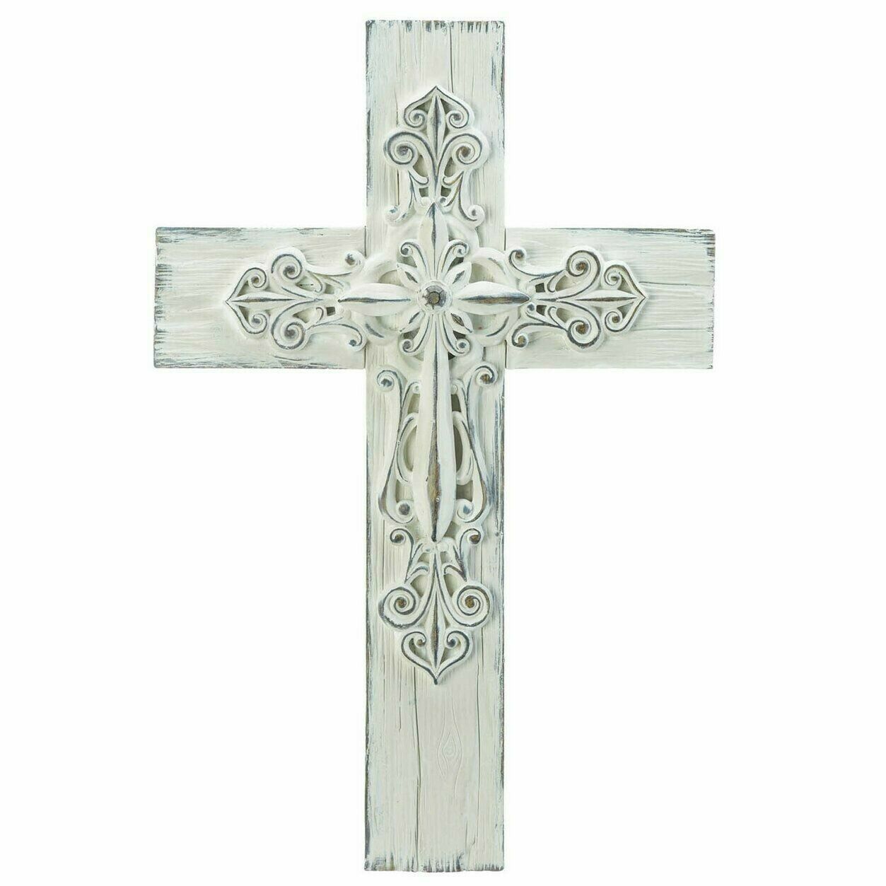 Ornate Rustic Whitewashed Wall Cross - Minihomy