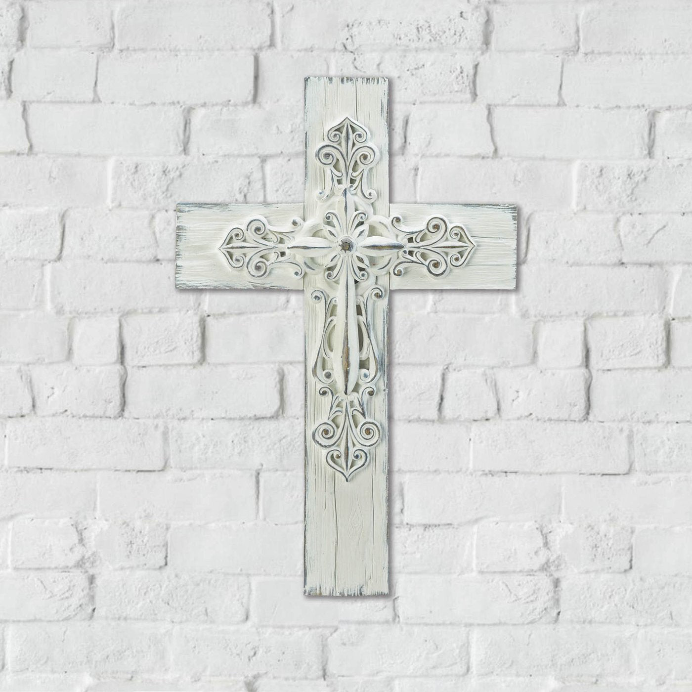 Ornate Rustic Whitewashed Wall Cross - Minihomy