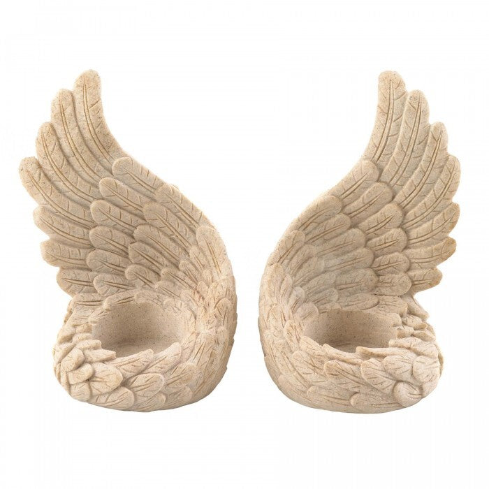 Stone-Look Angel Wings Tealight Candle Holder Set