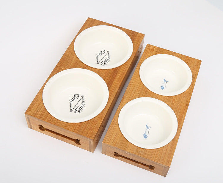 Elevated Cat Dog Bowls with Wooden Stand