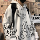 Street Hip-Hop Retro Flame -Print Loose Hooded Plus Velvet Sweater Trend