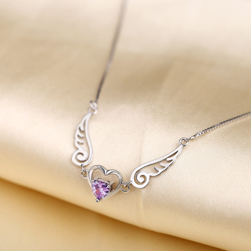 Angel Wings Necklace Pure Silver 925 Jewelry Romantic Purple Crystal Heart Necklaces For Women