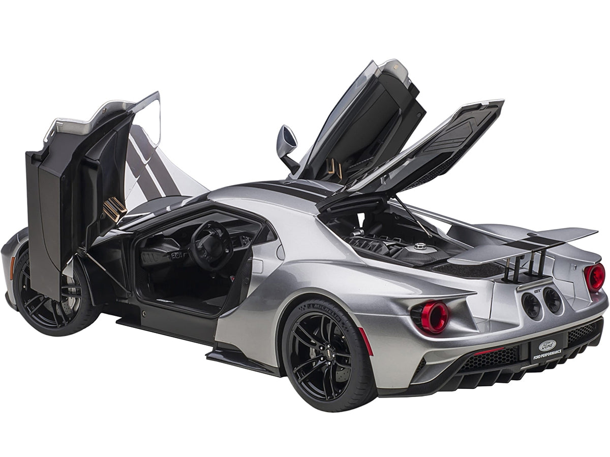 2017 Ford GT Ingot Silver Metallic with Black Stripes 1/12 Model Car by Autoart - Minihomy