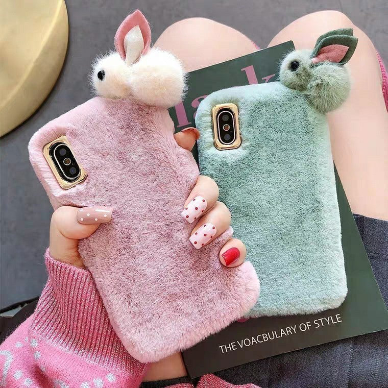 Cute Warm Rabbit Fur Plush diamond Phone Case