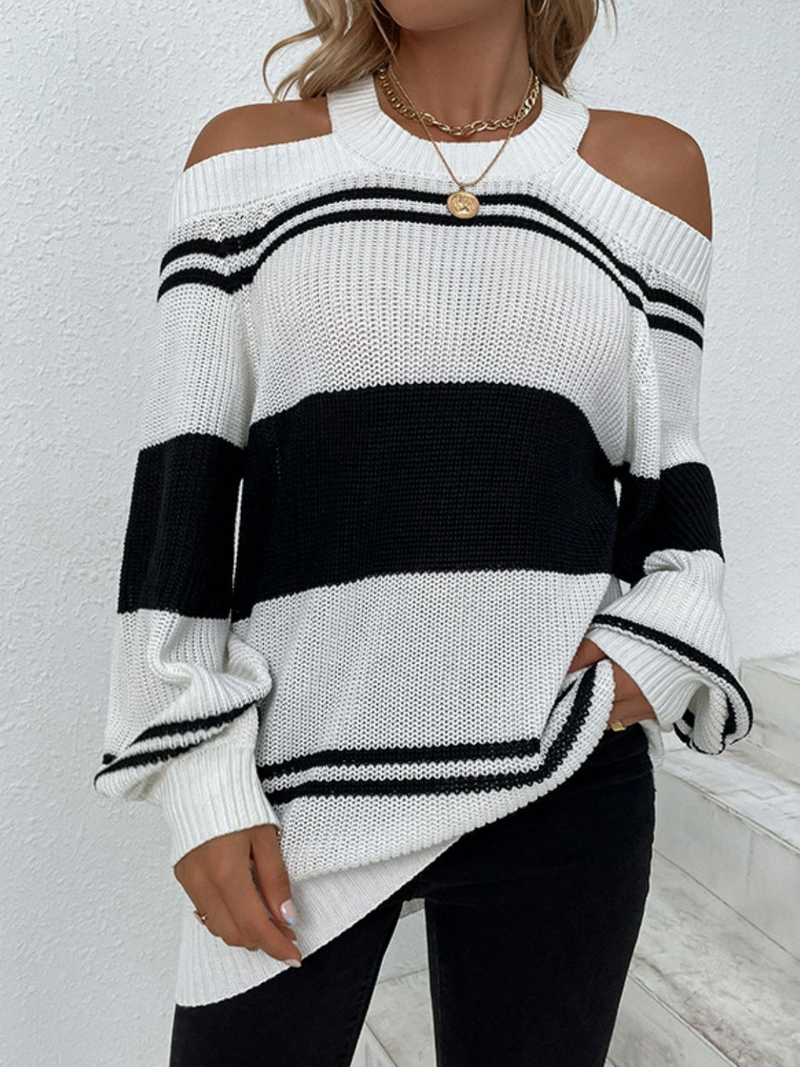 Striped Cutout Cold-Shoulder Tunic Sweater