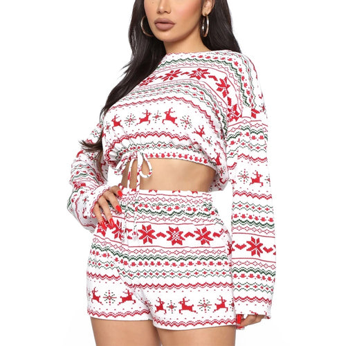 Women Christmas Pajama Sets Long Sleeve Crop Top Shorts