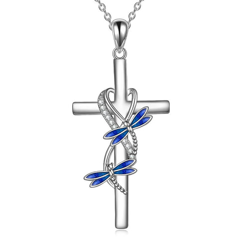 Sterling Silver Dragonfly Cross Necklace with Blue Gradient Dripping for Mother Daughter