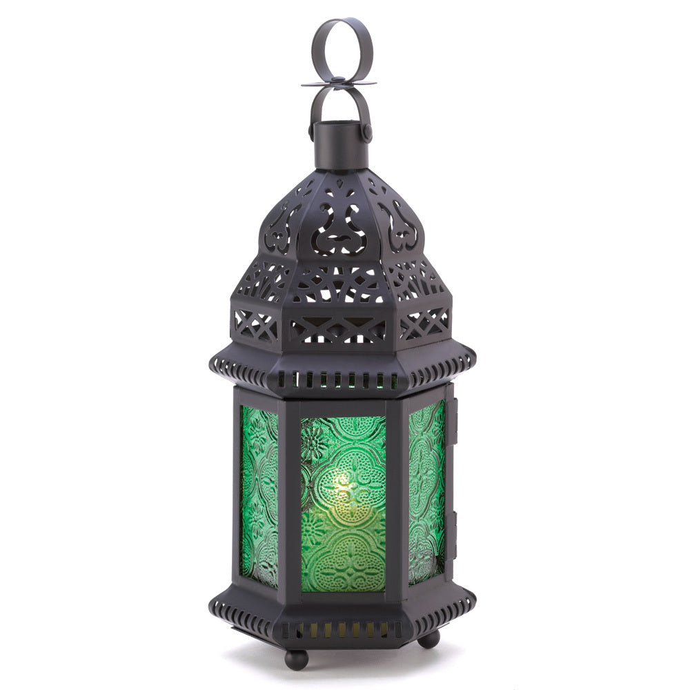 Emerald Glass Moroccan Candle Lantern - 10 inches - Minihomy