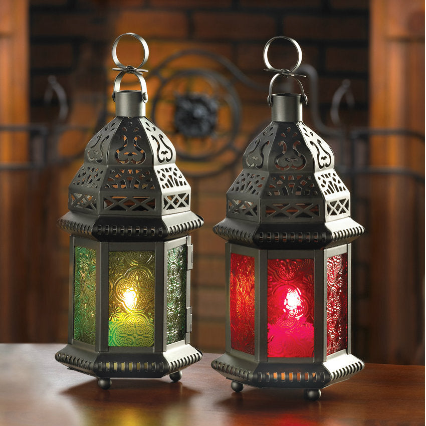 Emerald Glass Moroccan Candle Lantern - 10 inches - Minihomy