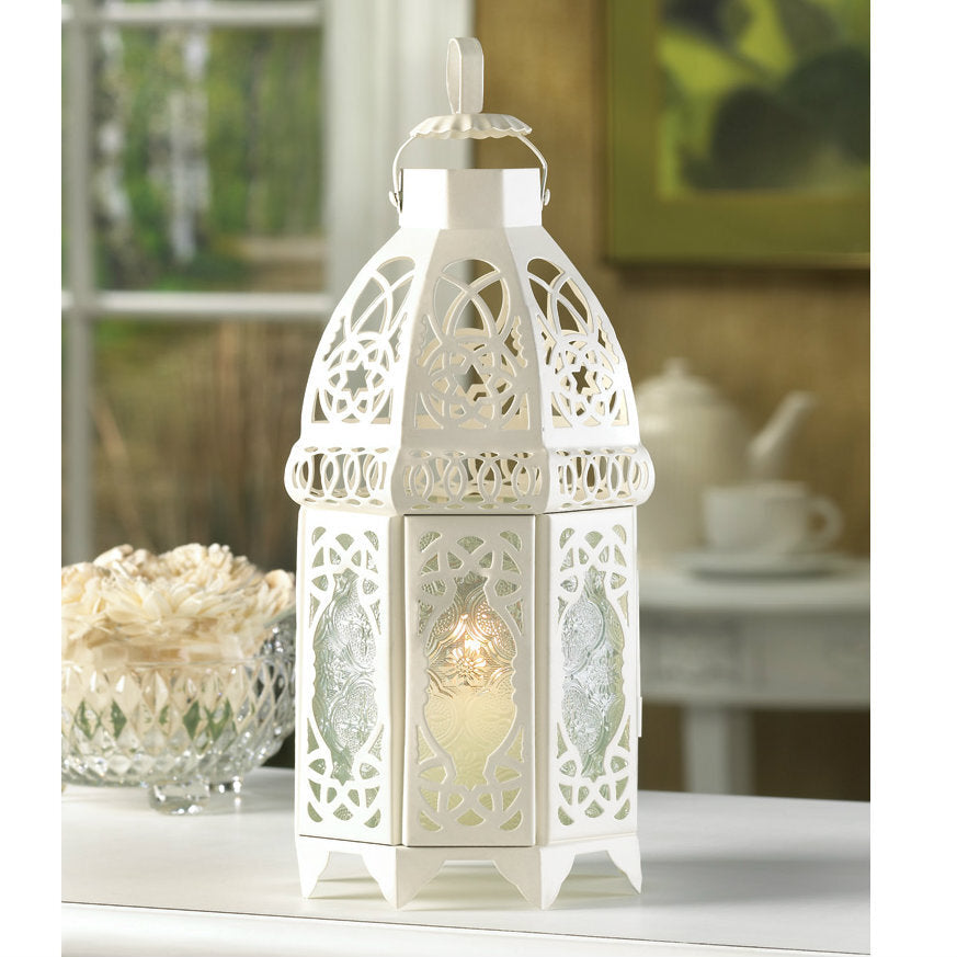 Lacy Cutout White Candle Lantern - 12 inches - Minihomy