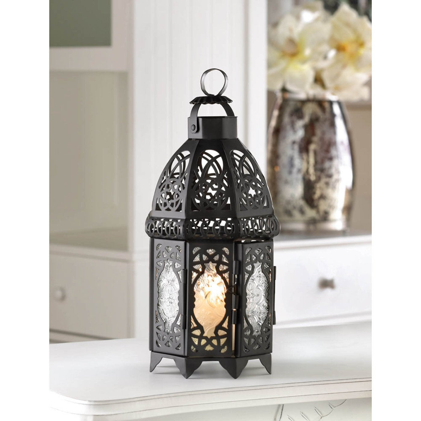 Lacy Cutout Black Candle Lantern - 12 inches - Minihomy