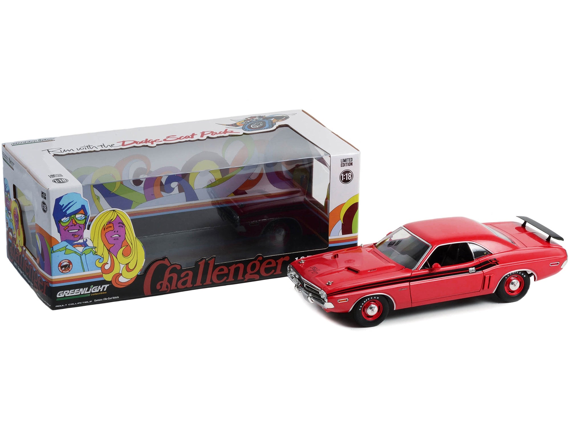 1971 Dodge Challenger R/T Bright Red with Black Stripes 1/18 Diecast Model Car by Greenlight - Minihomy