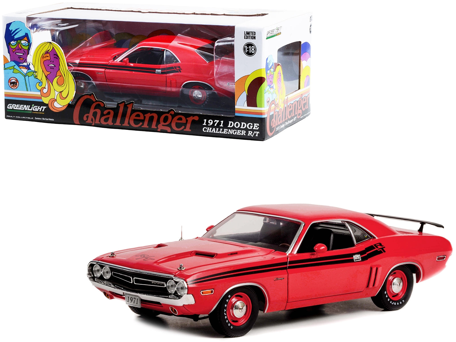 1971 Dodge Challenger R/T Bright Red with Black Stripes 1/18 Diecast Model Car by Greenlight - Minihomy