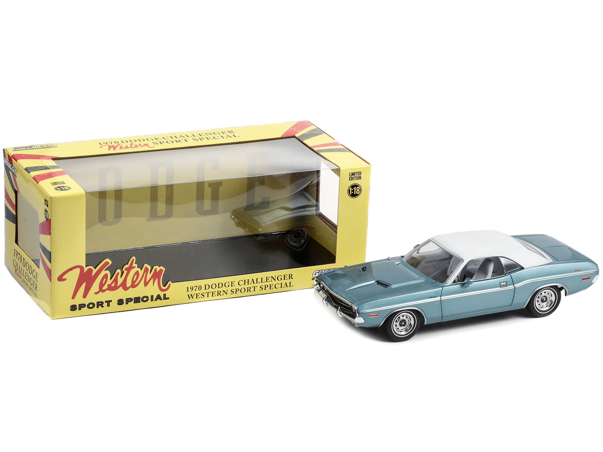 1970 Dodge Challenger "Western Sport Special" Light Blue Metallic with White Vinyl Top and White Interior 1/18 Diecast Model Car by Greenlight - Minihomy