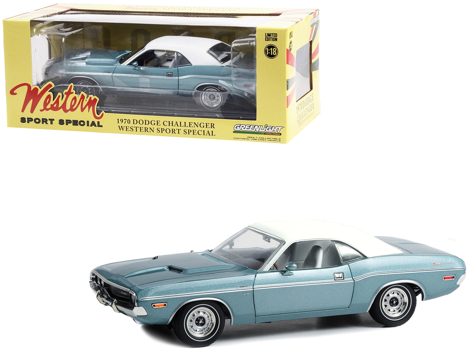 1970 Dodge Challenger "Western Sport Special" Light Blue Metallic with White Vinyl Top and White Interior 1/18 Diecast Model Car by Greenlight - Minihomy