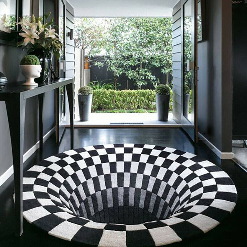 3D Vortex Carpet Black White Grid Bottomless Hole Illusion Anti-Slip Rug - Minihomy