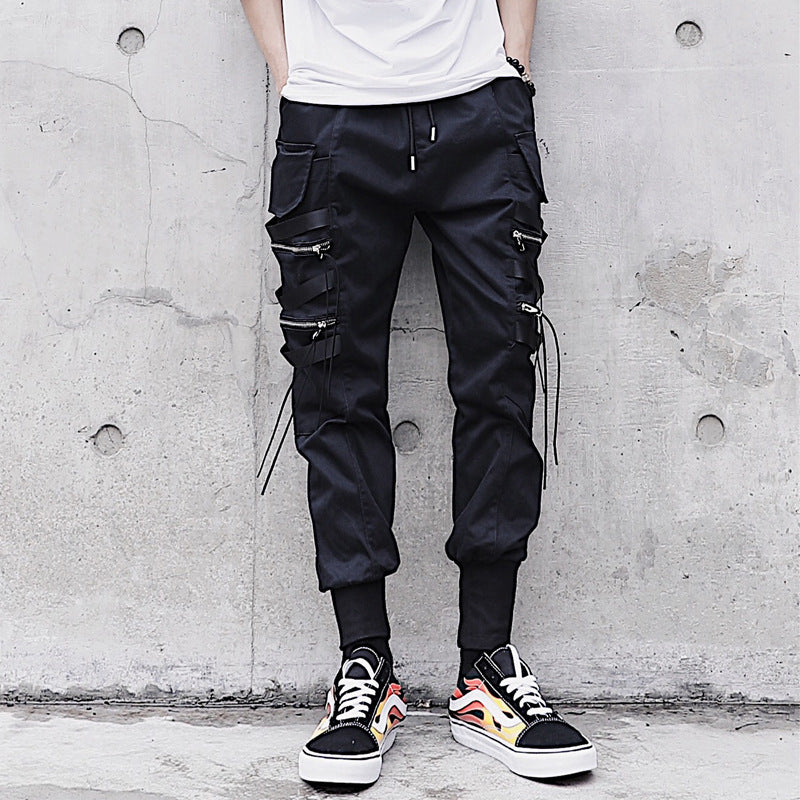 Joggers Pants Men Ribbons Pocket Cargo Trousers Feet casual pants