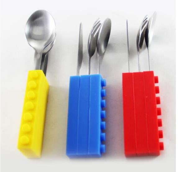 3PCS Creative Bricks Silicone Stainless Steel Portable Travel Kids  Cutlery Fork Picnic Set Gift For CHild Dinnerware