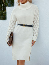 Openwork Side Slit Turtleneck Sweater Dress