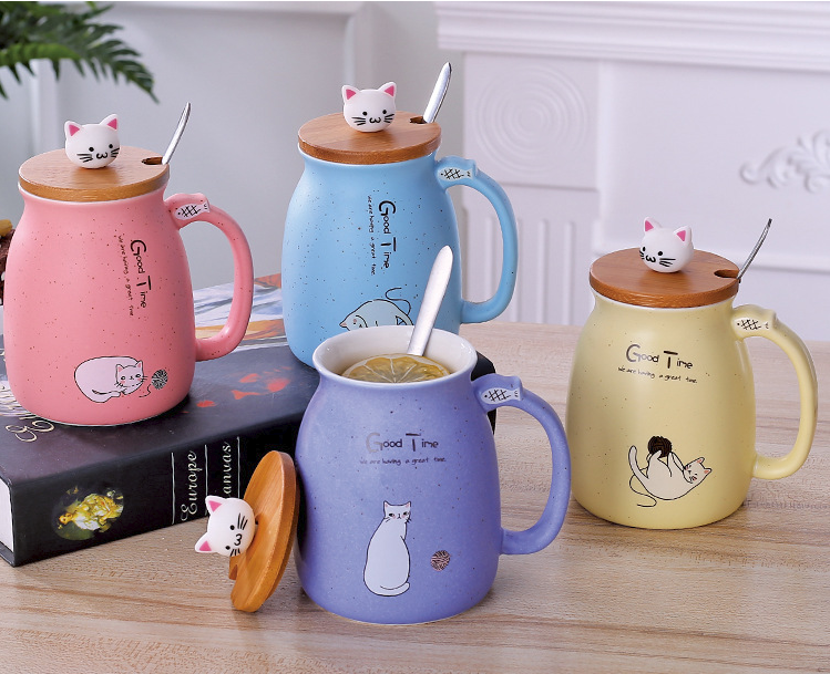 Cartoon Ceramics Cat Mug With Lid and Spoon Coffee Milk Tea Mugs - Minihomy