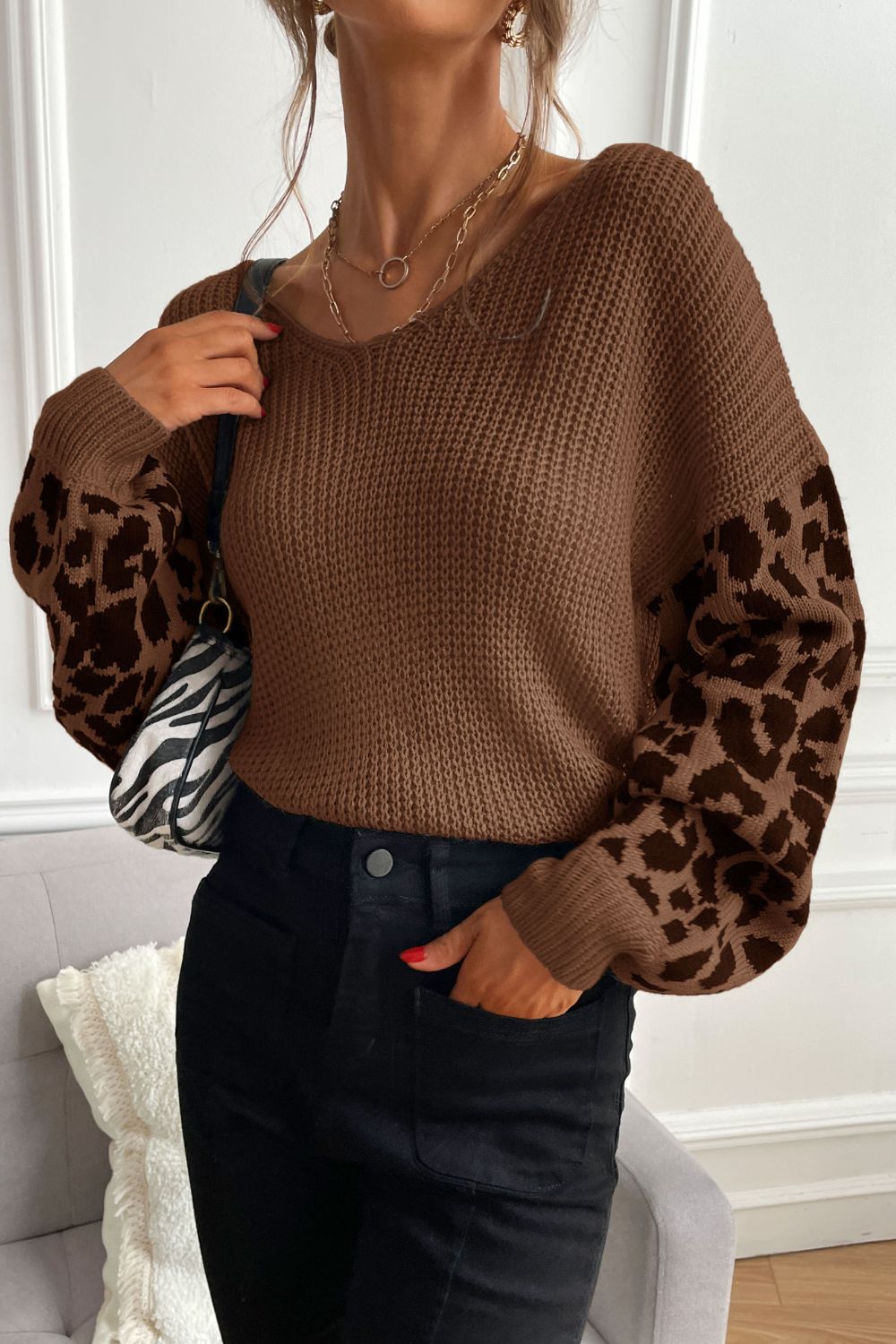 Leopard Sleeve Dropped Shoulder Sweater