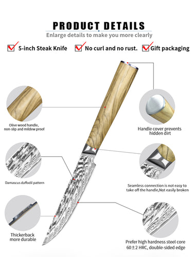 Damascus Steel Cured Wooden Handle Kitchen Knife Steak Knife