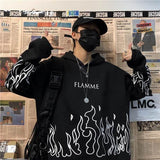 Street Hip-Hop Retro Flame -Print Loose Hooded Plus Velvet Sweater Trend