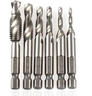 6pcs/set 1/4\' Hex HSS High Speed Steel Thread Spiral Screw M3 M4 M5 M6 M8 M10 Metric Composite Tap Drill Bit Tap