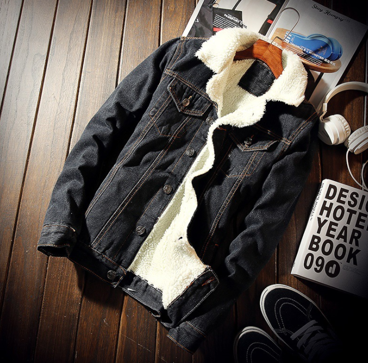 Denim Bomber Jacket with Fur Men Black High Quality Jeans Jacket - Minihomy