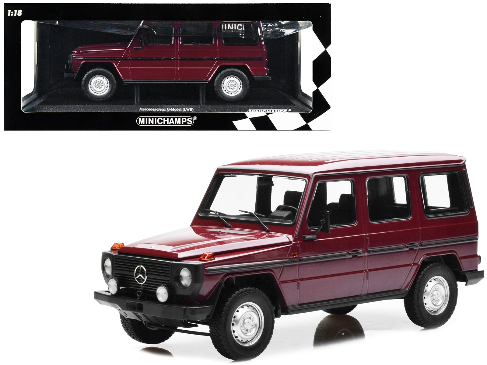 1980 Mercedes-Benz G-Model (LWB) Dark Red with Black Stripes Limited Edition to 402 pieces Worldwide 1/18 Diecast Model Car by Minichamps - Minihomy