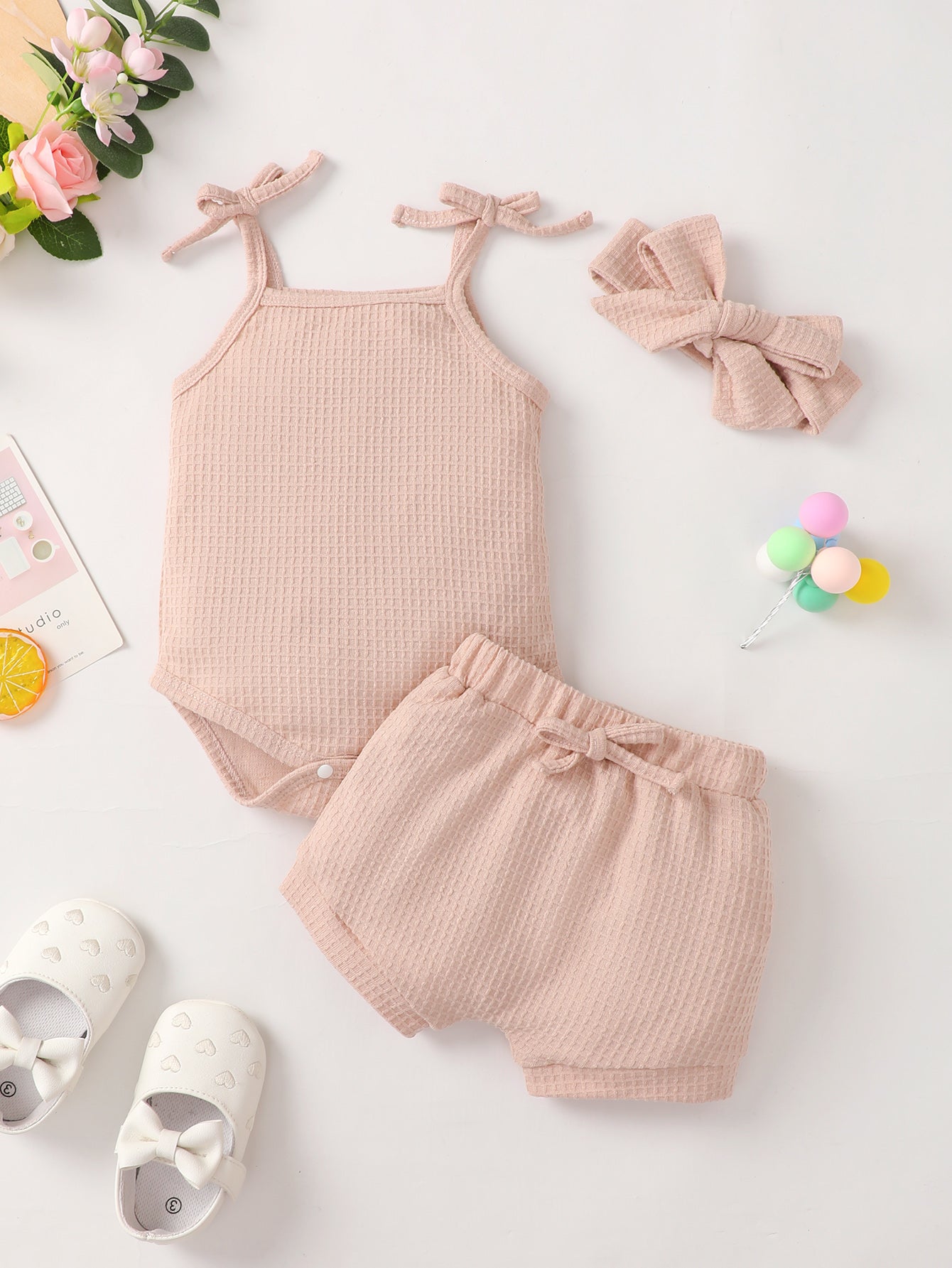 Baby Girl Waffle-Knit Tie-Shoulder Top and Shorts Set - Minihomy