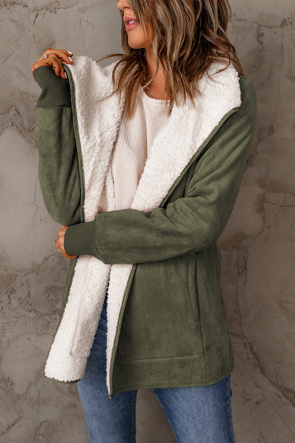 Faux Suede Sherpa Lining Jacket with Pockets