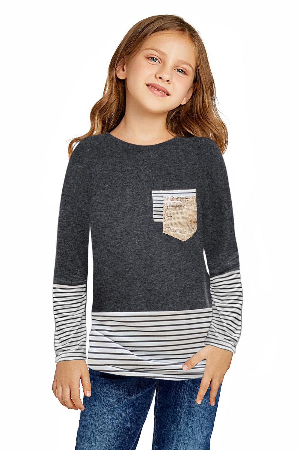 Girls Striped Color Block Sequin Pocket Top - Minihomy