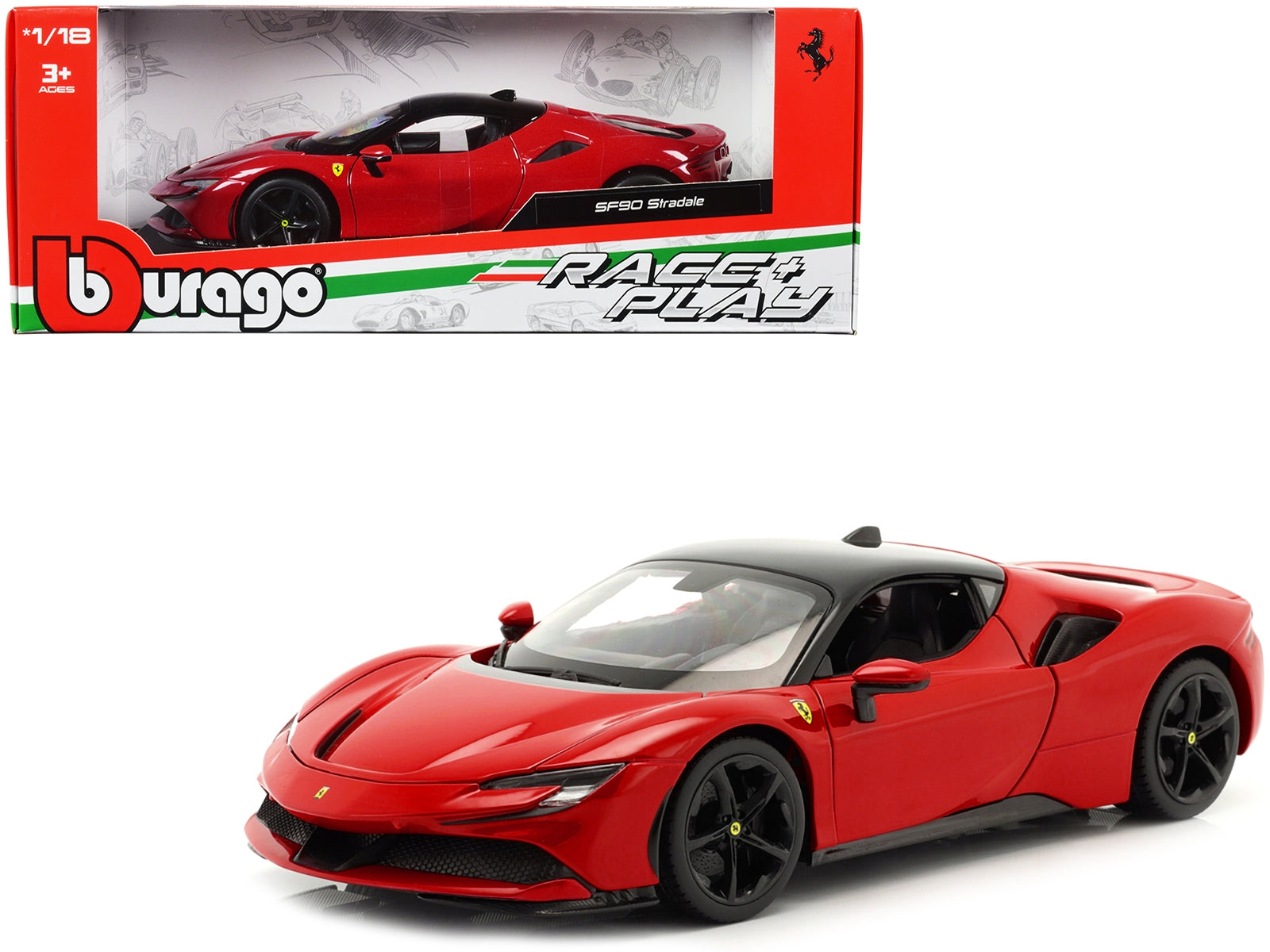 Ferrari SF90 Stradale Red with Black Top "Race + Play" Series 1/18 Diecast Model Car by Bburago - Minihomy